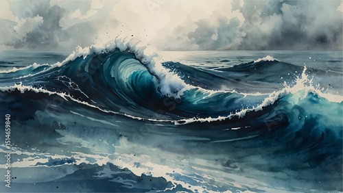 "Dynamic watercolor painting depicting powerful ocean waves crashing with splashes foam. hints of warm tones create a dramatic seascape full of energy and movement, evoking the raw force of nature"
