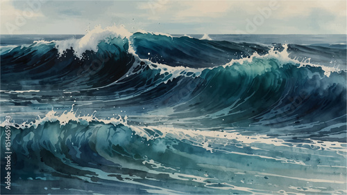 "Dynamic watercolor painting depicting powerful ocean waves crashing with splashes foam. hints of warm tones create a dramatic seascape full of energy and movement, evoking the raw force of nature"
