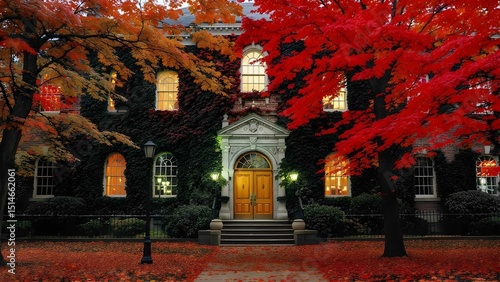 Historic Ivy League College in Autumn with Ivy-Covered Brick Architecture

