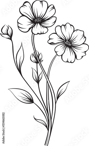 Artistic black wildflower tattoo design with elegant line work Modern black line wildflower tattoo vector icon with fine details