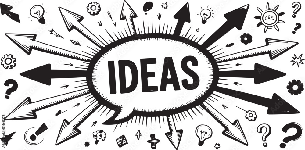 Fototapeta premium Ideas Explosion – Black and White Brainstorming Concept with Arrows and Icons