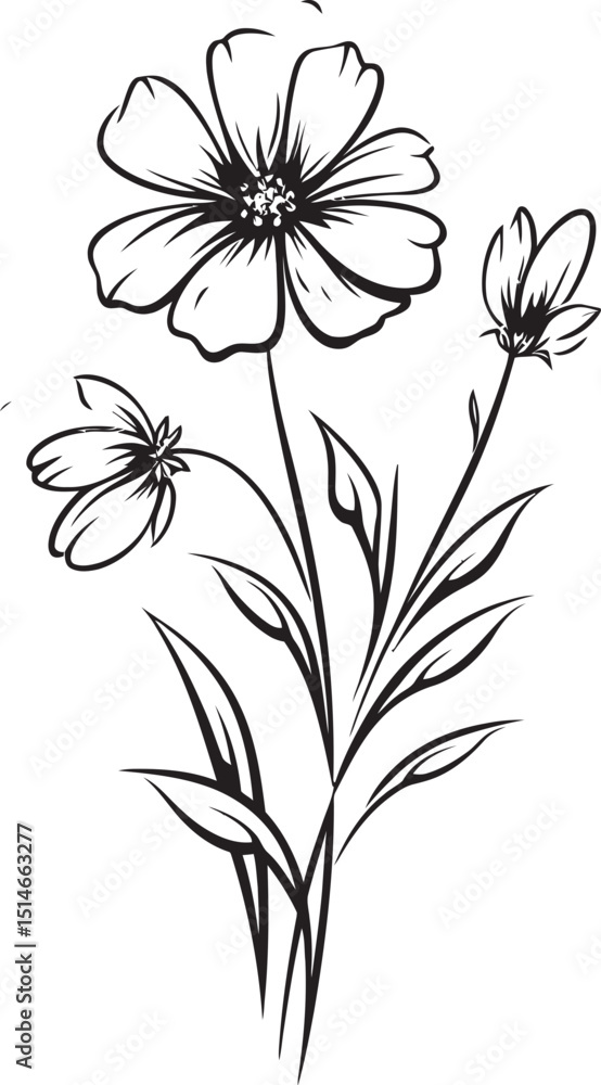 Bold black wildflower tattoo design element with clean lines Modern black line wildflower tattoo vector icon with elegant curves Bold black wildflower tattoo design element with clean lines Modern black line wildflower tattoo vector icon with elegant curves