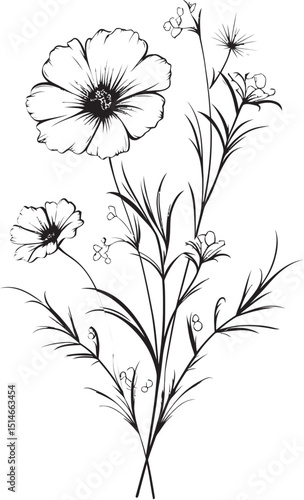 Sophisticated black line art wildflower tattoo vector icon Artistic wildflower tattoo design in solid black with fine detail
