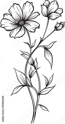 Elegant wildflower tattoo design element in sleek black vector Beautiful black wildflower tattoo vector icon with fine detail