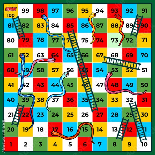 colorful snakes and ladders game board