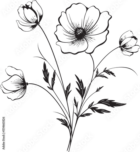 Beautiful wildflower tattoo element vector in clean black outlines Graceful black floral tattoo design with refined organic shapes