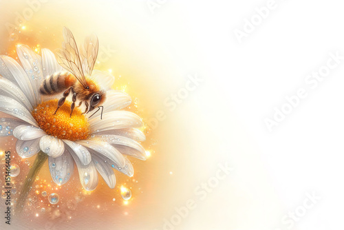 Watercolor bee on daisy with droplets, golden background, copy space. Greeting card, spring, summer day