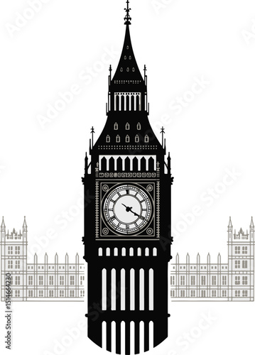 Black and white silhouette of big ben and houses of parliament.
