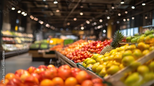 Colorful assortment of fresh fruits and vegetables neatly displayed in a contemporary supermarket aisle, showcasing healthy eating and grocery shopping concepts.
