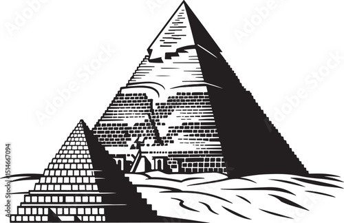 Black and white illustration of egyptian pyramids in the desert.