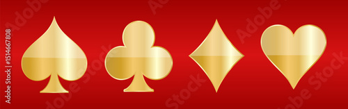 Golden symbols of playing cards. Spades, clubs, hearts, diamonds. Vector illustration
