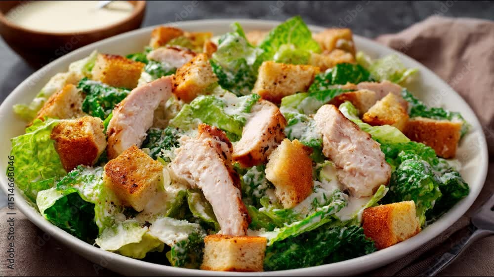 A fresh and flavorful chicken Caesar salad, a culinary delight. A fresh and flavorful chicken Caesar salad, a culinary delight.