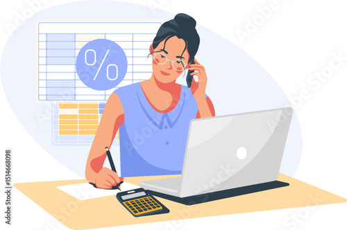 woman calculating finance work with laptop vector illustration