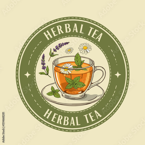 Herbal tea cup illustration with chamomile and mint leaves  