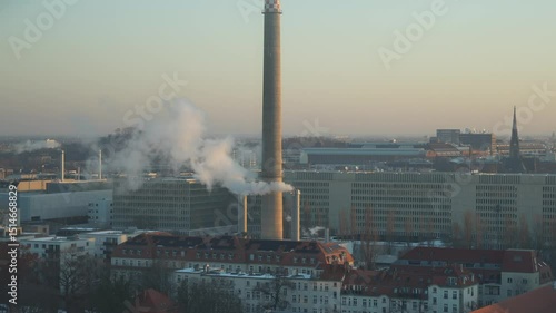 aerial view of Smoking chimneys of a power plant on a cold morning in Berlin