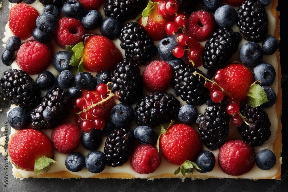 Obraz premium Beerenkuchen vom Blech Sommerbeeren Kuchen Frischkäsekuchen mit Beeren Blechkuchen mit Obst Erdbeer Heidelbeer Himbeer Brombeer Kuchen Früchtekuchen cremig Obstkuchen bunt Backidee Sommer
