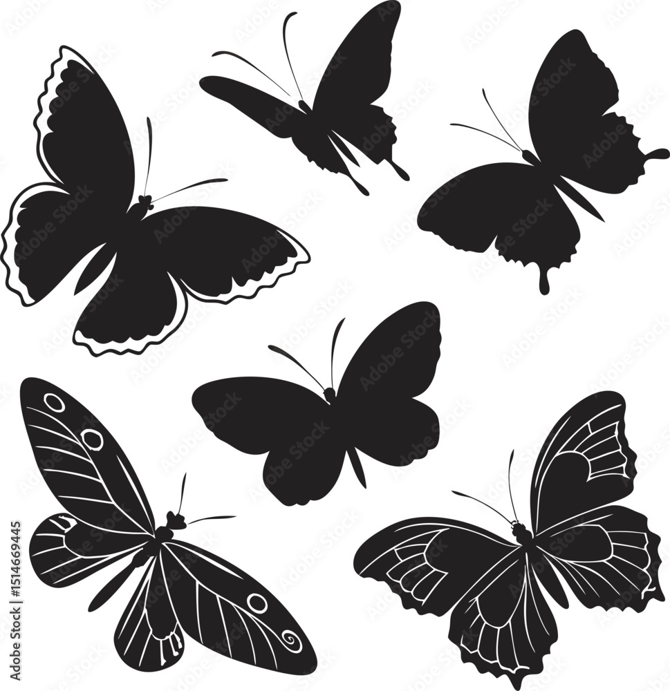 Fototapeta premium Graphic Butterfly Silhouettes Symmetrical Grid of Black Insect Designs