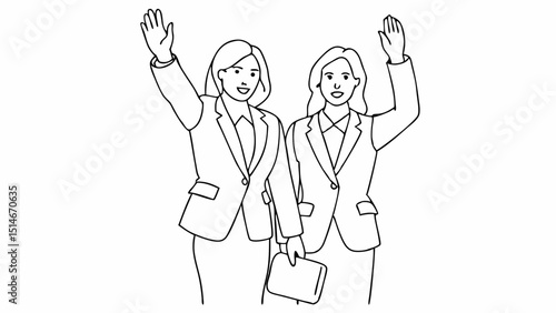 Continuous line art of working ladies waving hands. Concept of businesswoman, colleagues, feminine power	