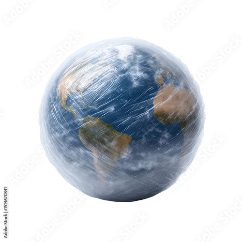 A planet wrapped tightly in plastic, symbolizing environmental issues and global conservation concerns.