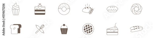 Collection of minimal bakery illustrations including cakes, bread, donuts, cupcakes, and baking tools in a simple brown line style.