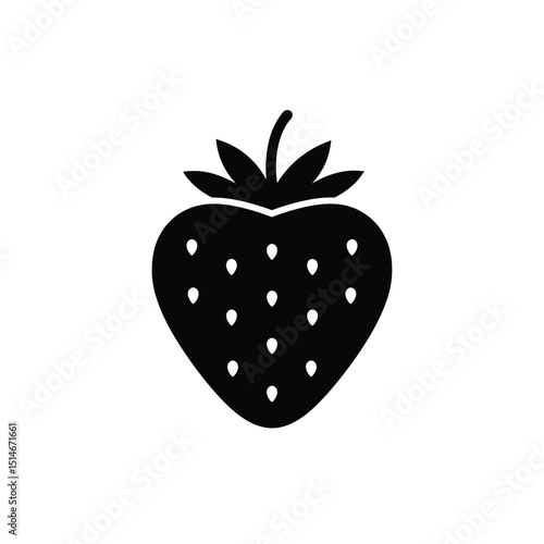 Simple Black and White Strawberry Icon with Seeds and Leaves on Top Isolated on White Background