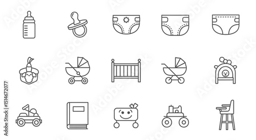 Child Care Icons Baby Bottle, Diaper, Stroller, Crib, and More