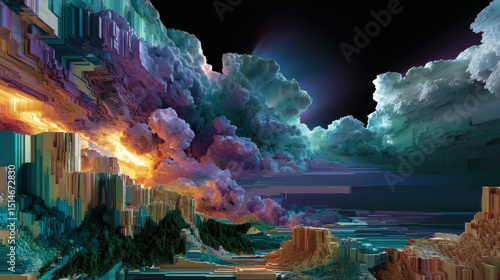 Dramatic cloud formation digital landscape art creation virtual environment abstract viewpoint surreal concept