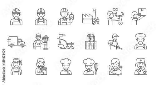 Diverse Workers Line Icons Set of Professions and Labor Illustrations