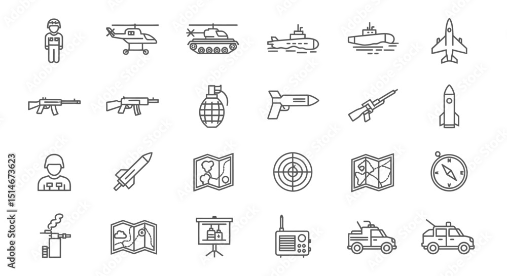 Military Icons Vector Graphics of Army Equipment, Soldiers, and Warfare Military Icons Vector Graphics of Army Equipment, Soldiers, and Warfare