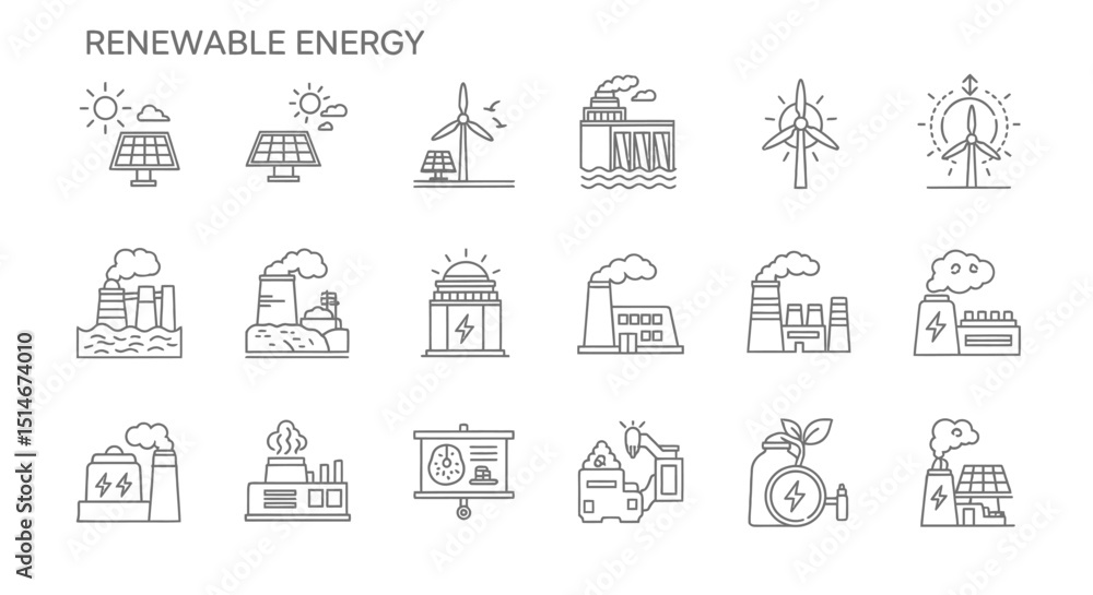 Renewable Energy Sources Icons Solar, Wind, Hydro, and Geothermal Power Illustrations Renewable Energy Sources Icons Solar, Wind, Hydro, and Geothermal Power Illustrations