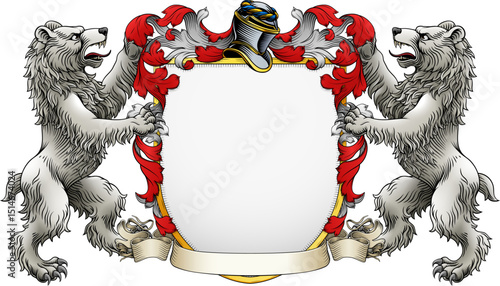 Polar bear coat of arms or crest family heraldry medieval heraldic knight shield with helmet and acanthus filigree scroll ornament in a vintage woodcut style.