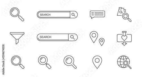 Search Engine Optimization Icons Magnifying Glass, Search Bar, Location, Filter, and More