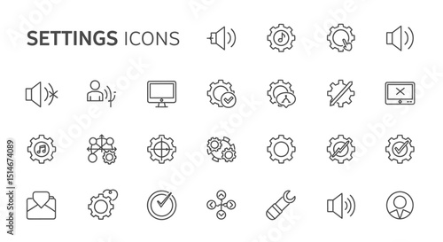 Collection of 30 Minimalist Line Settings Icons Configuration, Preferences, and Customization