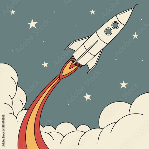 A minimalist 3d rocket taking off with a curved eps