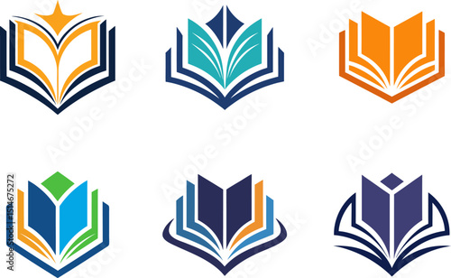 Six colorful book logo designs perfect for education, learning, library, school, or knowledge-related businesses.  Modern, abstract vector icons.