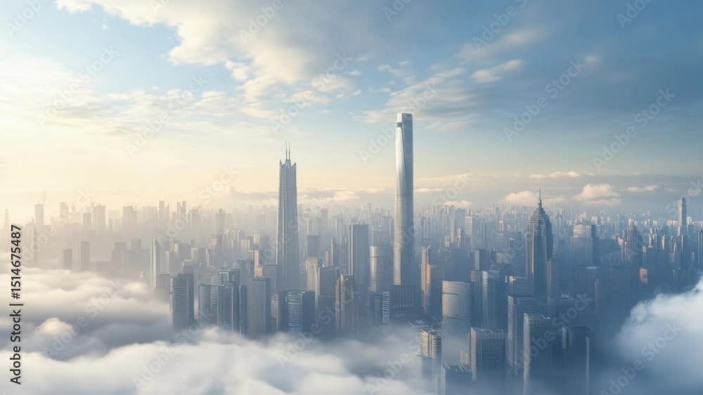 Majestic city skyline rising above morning clouds with skyscrapers and sunlight Majestic city skyline rising above morning clouds with skyscrapers and sunlight