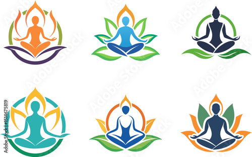Six colorful yoga and meditation logos featuring stylized figures in lotus positions, perfect for wellness brands, spas, and studios.