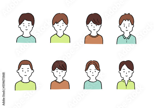 若い男性の手描きイラストセット（上半身）