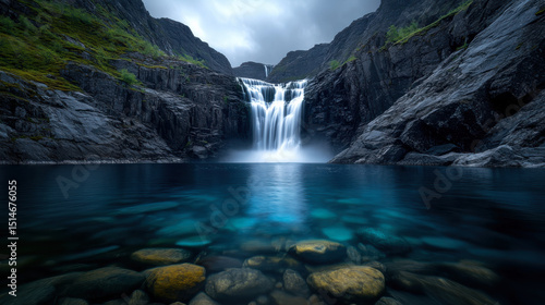 Grand waterfall plunging into clear waters, rugged cliffs framing the powerful cascade