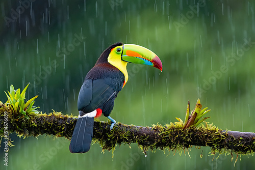 Colorful keel-billed toucan perched on a branch in a rainforest during a downpour captivating wildlife portrait