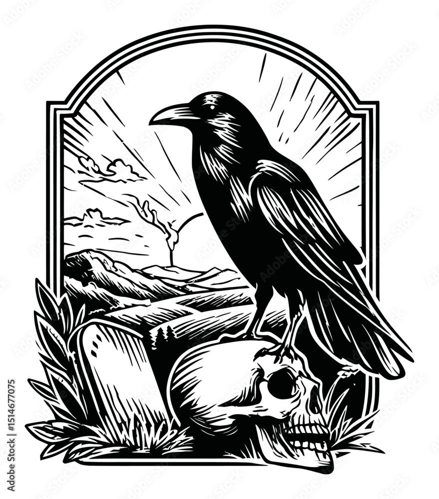 Naklejka premium Raven Perched on Skull Surrounded by Gravestones and Scenic Landscape Illustration