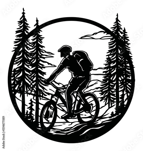 Mountain Biker Riding Through Forest Landscape in Black and White Illustration