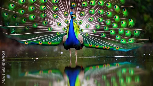 A magnificent peacock displays its vibrant tail feathers, beautifully reflected in calm water. Showcases stunning iridescent plumage and natural elegance.