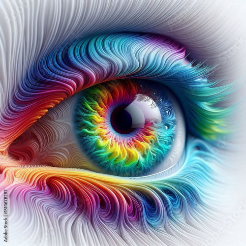 Vibrant Rainbow Eye Abstract Digital Art, Colorful Iris, Detailed Eyelash, Close-up View