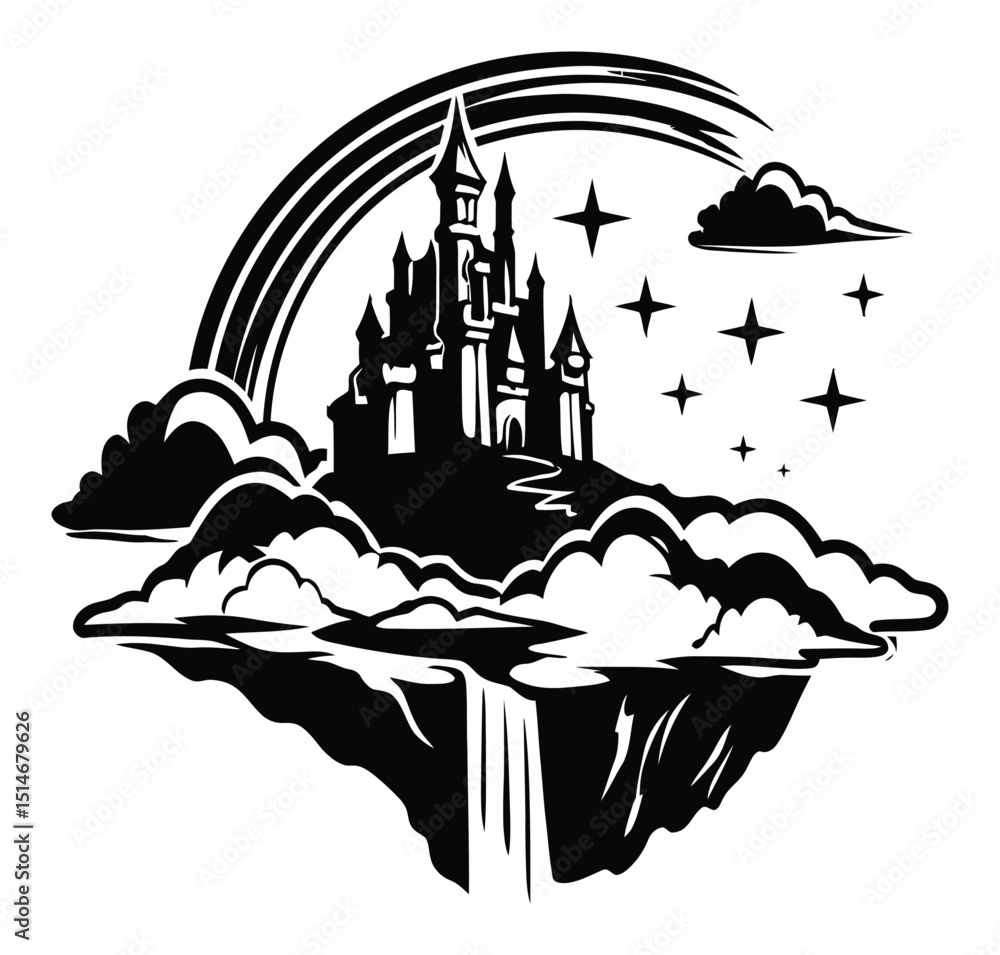 Obraz premium Fantasy Castle Illustration with Rainbow and Clouds over Waterfall in Black and White