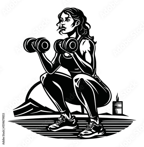 Dynamic Fitness Illustration of Woman Squatting with Dumbbells in High Contrast Style