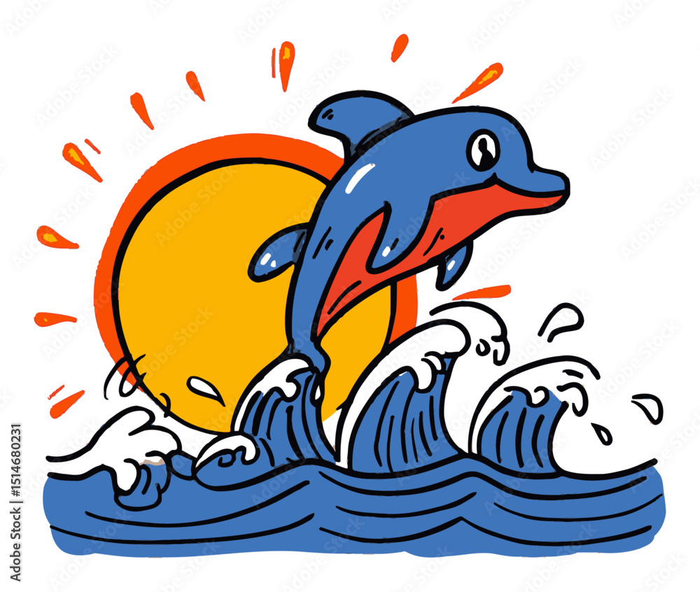 Naklejka premium Colorful Dolphin Leaps Over Waves Beneath a Bright Sun in a Fun Drawing Illustration