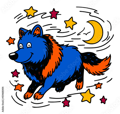 Colorful Cartoon Wolf with a Moon and Stars in a Whimsical Style Illustration