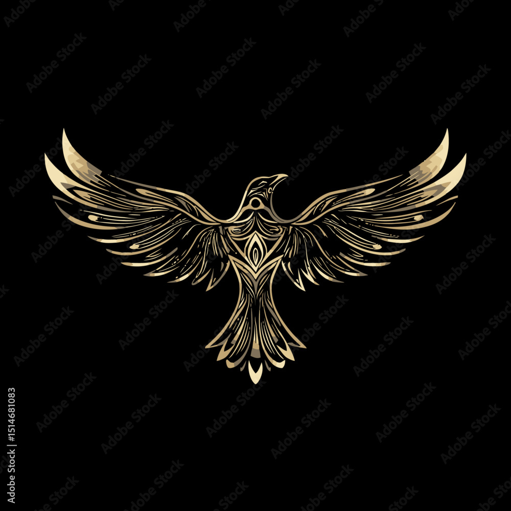 Obraz premium Elegant Gold Vector Art of a Stylized Flying Bird on Black Background