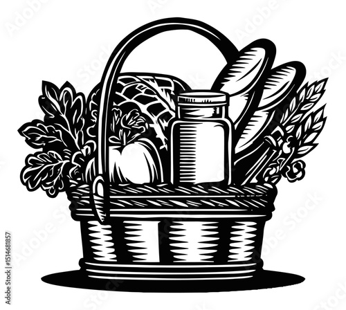 Vintage Engraved Illustration of a Basket Filled with Fresh Vegetables and Herbs